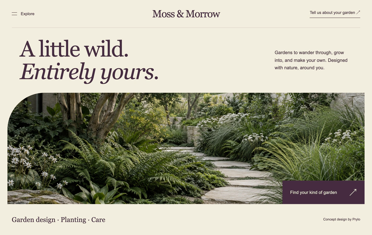Moss & Morrow landscape studio concept with expressive serif typography, plum and butter tones, and generated garden imagery
