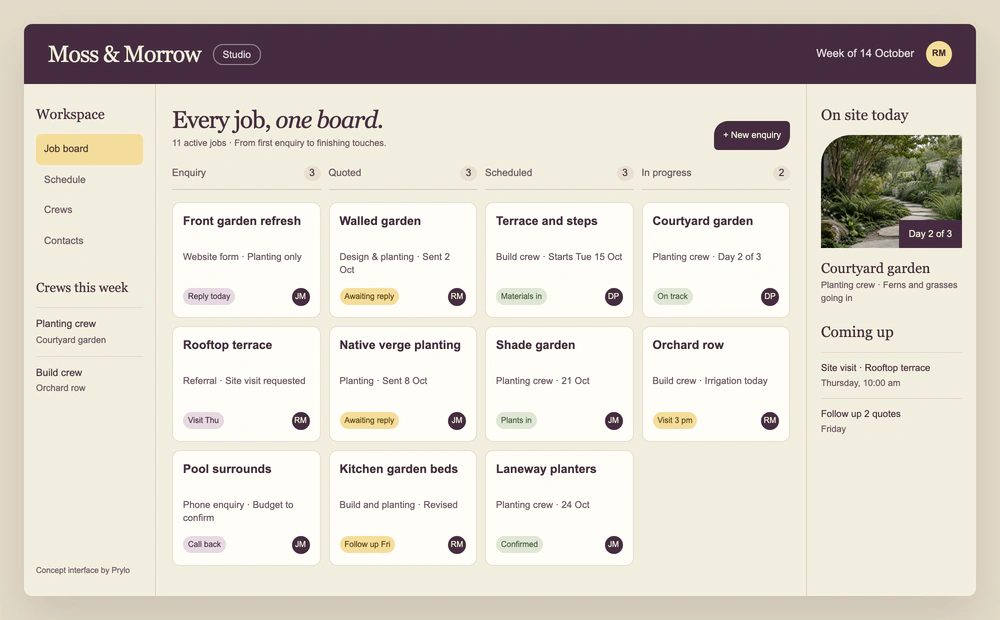 Moss & Morrow job board concept with 11 jobs across four stages, next-action labels, crew assignments, and an on-site garden summary