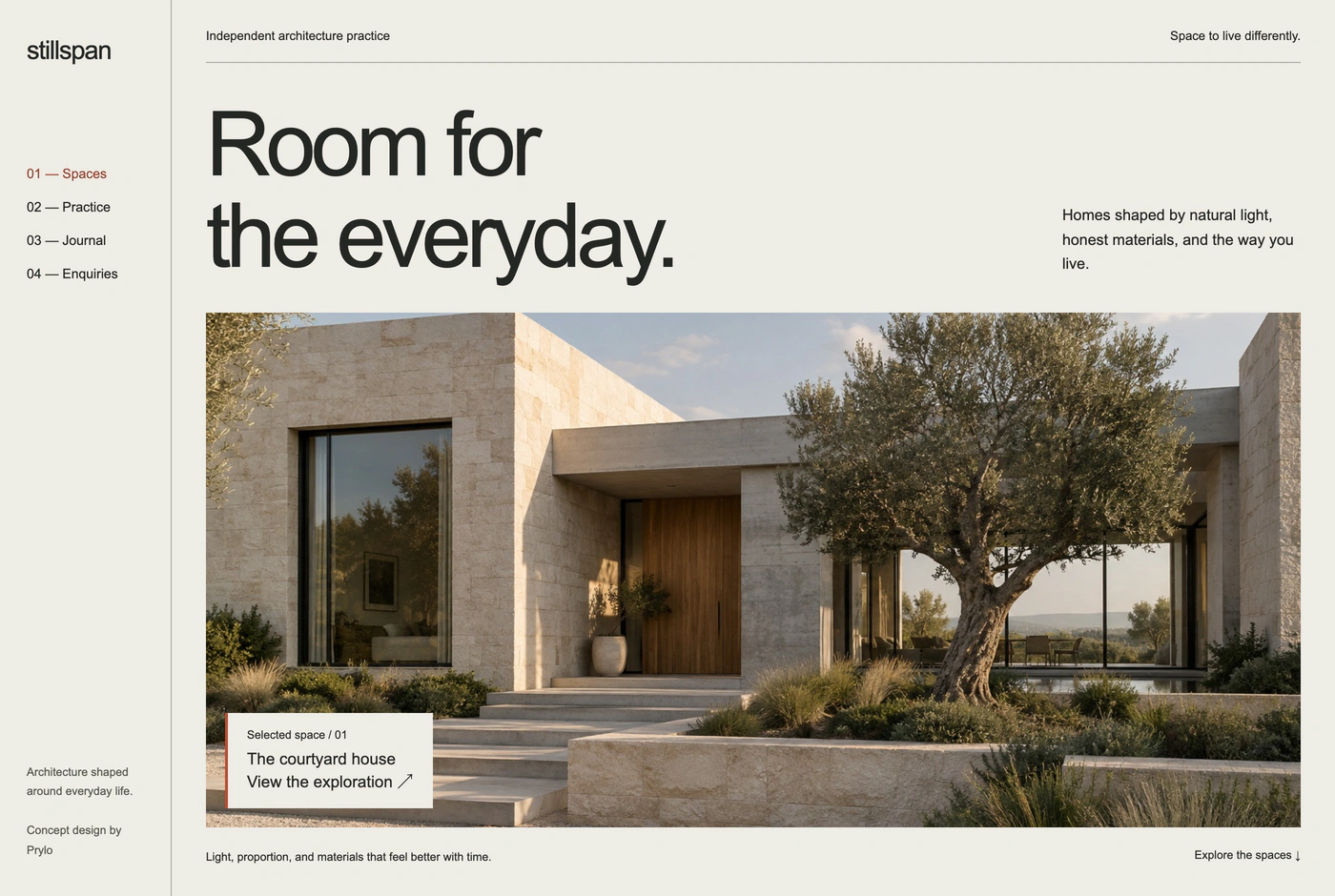 Stillspan home page concept with a vertical navigation rail, a large headline, and one generated courtyard image