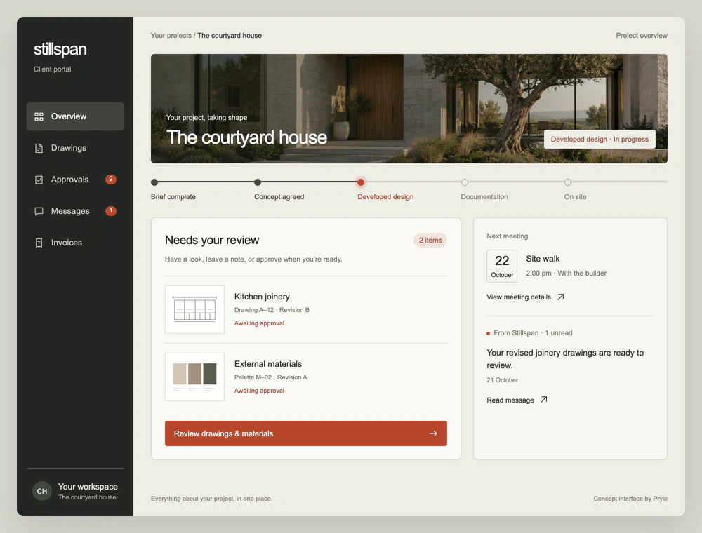 Stillspan client portal concept with a courtyard project banner, design progress, drawing and material previews awaiting approval, and a meeting and message sidebar