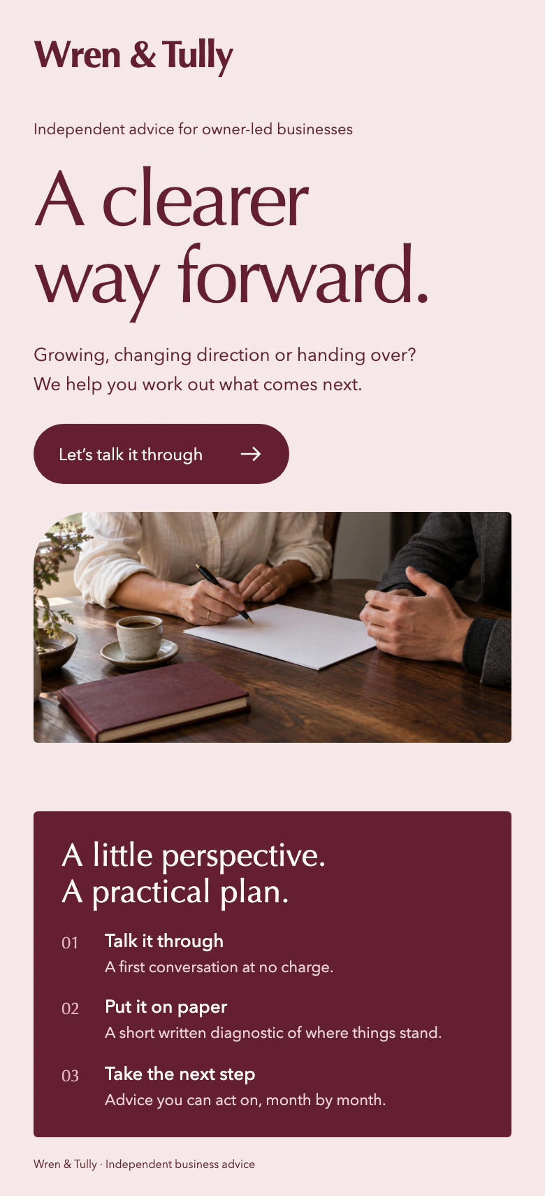 Wren and Tully mobile website concept with a compact conversation photograph and vertically arranged advisory steps