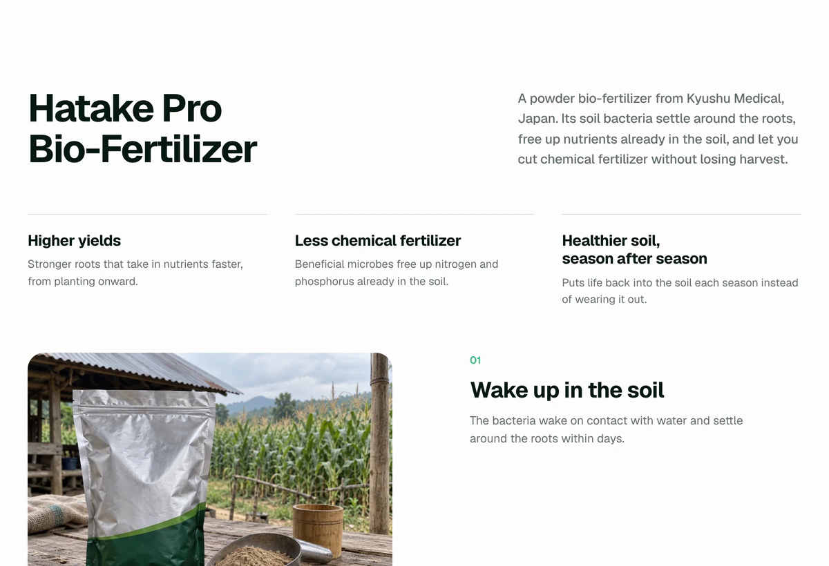 Terrapro products page section for Hatake Pro bio-fertiliser, with three short benefits and a photograph of the product bag in front of a corn field