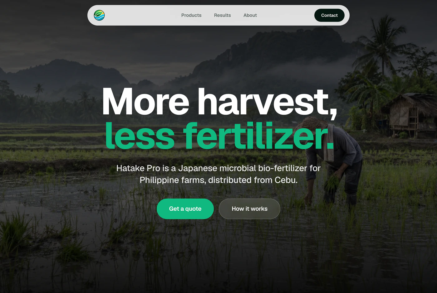 Terrapro Philippines home page: the headline More harvest, less fertilizer over a photograph of a rice field, with Get a quote and How it works buttons